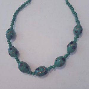 Vintage France Lamp work Glass beaded necklace turquoise, black dots, and gold